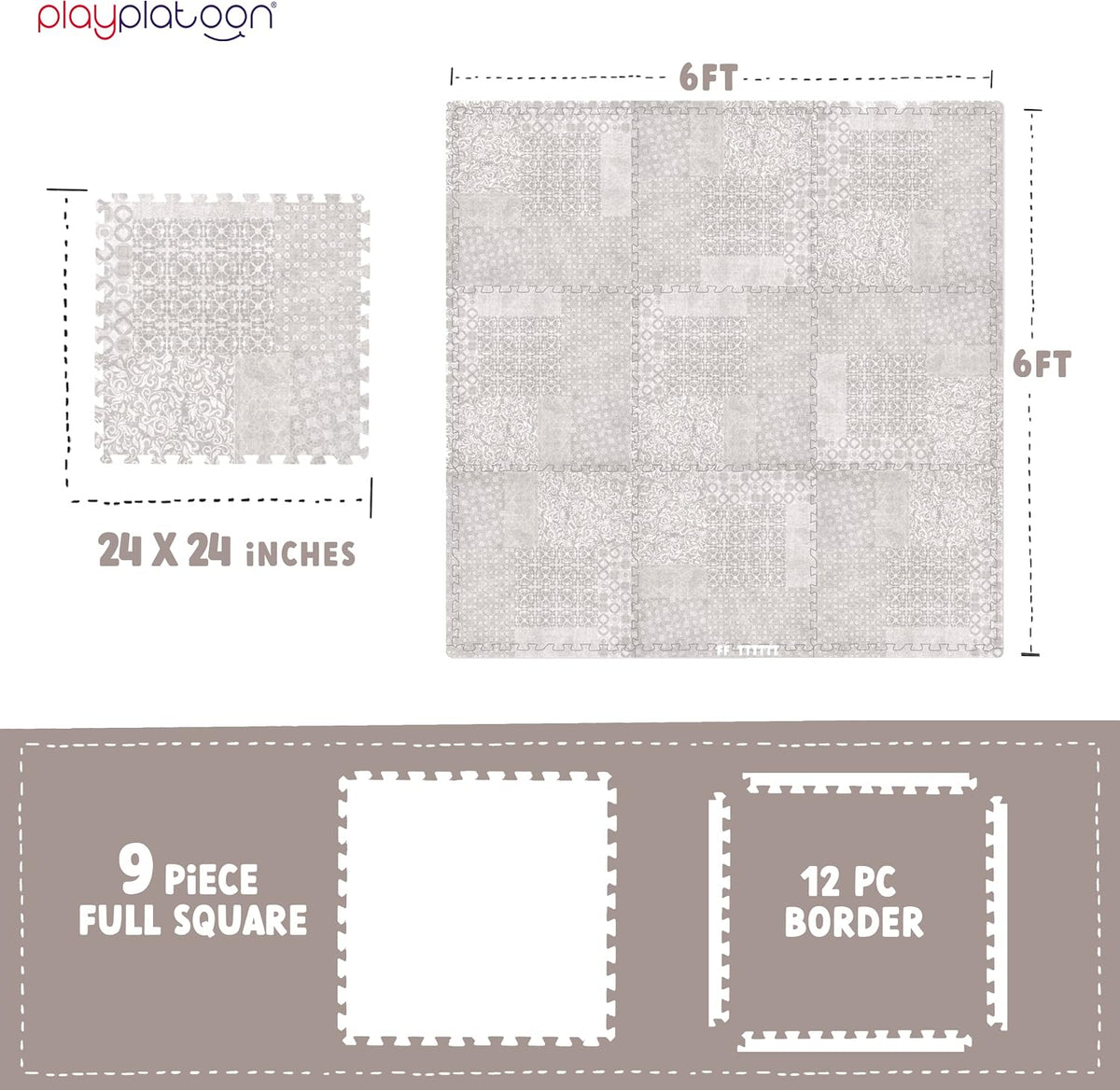 Play Platoon Kids Play Mat, 9 Tile 72x72 Inch - 72"L x 72"W x 0.6"Th / Khaki - image 2