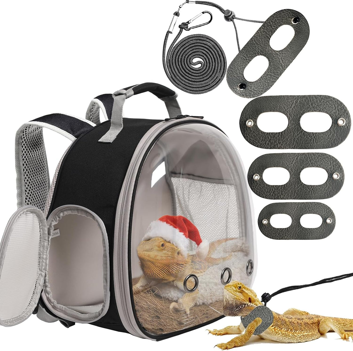 Bearded Dragon Travel Backpack with Harness and Leash Set - Black / Backpack+LSH Grey