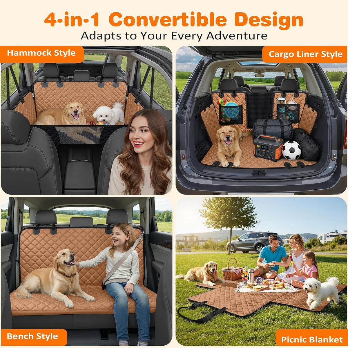 URPOWER 4 in 1 Dog Car Seat Cover for Back Seat - Brown / Standard - image 4