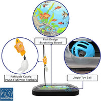 Cat Scratching Toy with Scratcher Board and Fish Aquarium Design, Fun and Exciting Catnip Cat Toy, Floppy Fish Toy with Feathers and Catnip Included