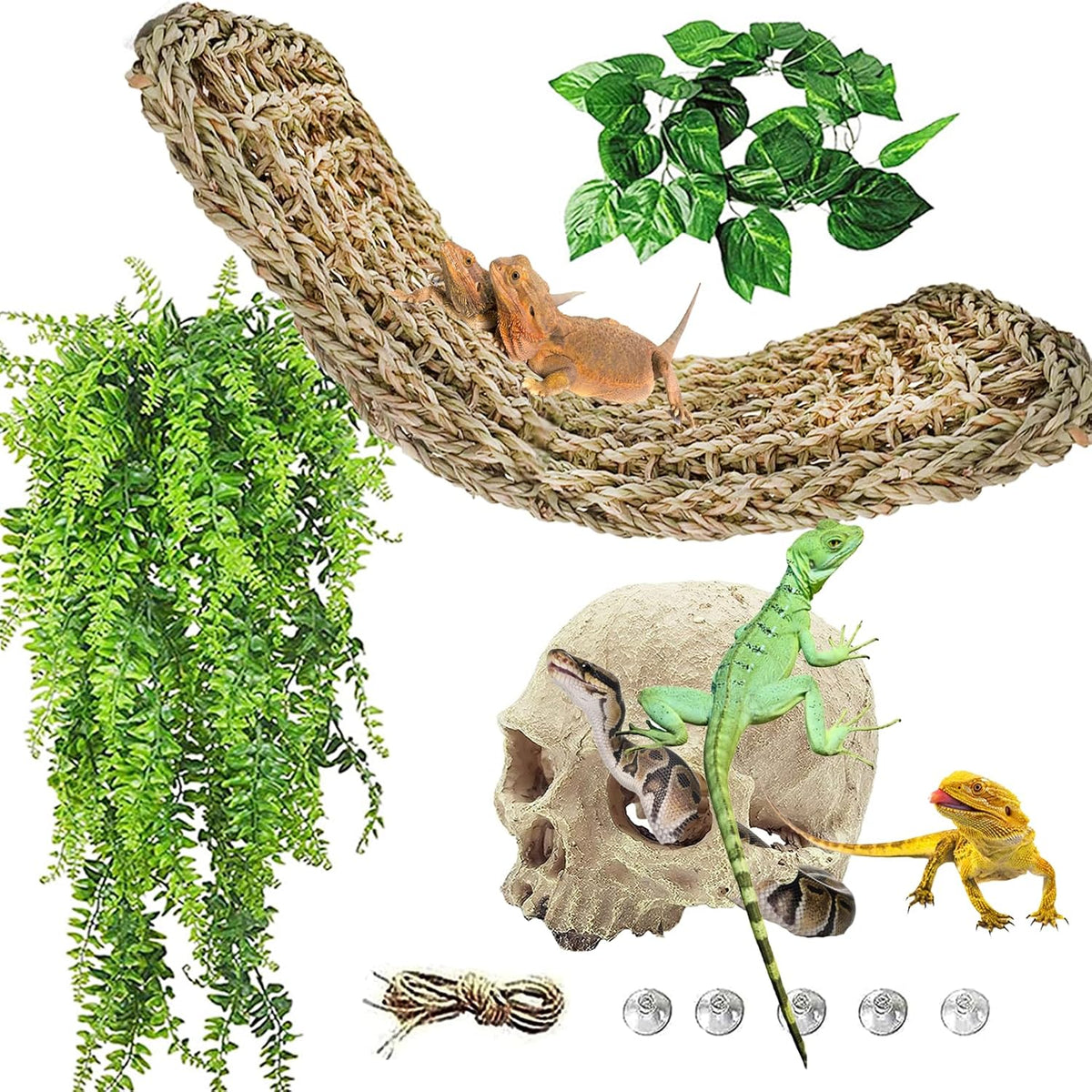 Bearded Dragon Hammock,Lizard Lounger Reptile Tank Hanging Plants Climbing Jungle Vines Flexible - Type：Rectangular hammock with skull