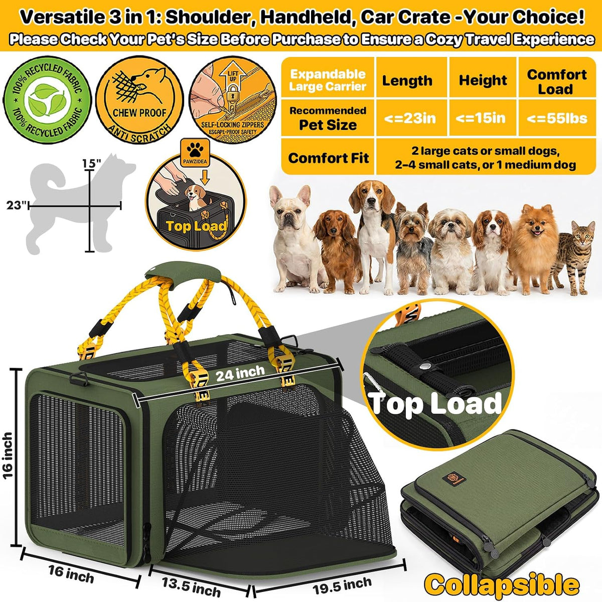 Expandable Pet Carrier for Small Cats & Dogs - 24.0"L x 16.0"W x 16.0"H / Forest Green - image 2