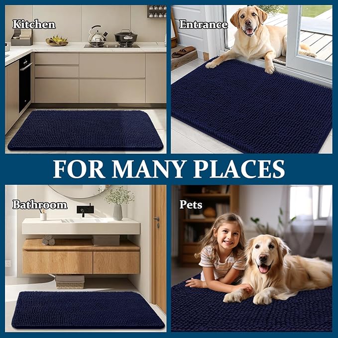 OLANLY Dog Door Mat Set 4-Piece 36x24, Absorbs Moisture and Dirt, Absorbent Non-Slip Washable Doormat, Quick Dry Chenille Mud Mat for Dogs, Entry Indoor Entryway Carpet for Inside Floor, Navy Blue
