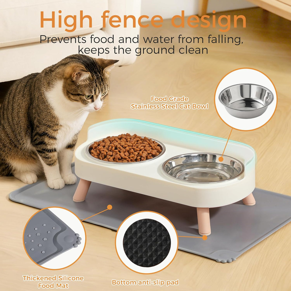 Elevated Cat Bowls Set - Raised Cat Food and Water Bowl Set with Non Slip Stand - Pet Feeding - White with Mat - image 3