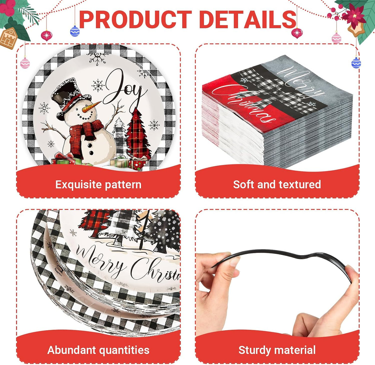 GOLDGAO Christmas paper plates and napkins with buffalo plaid border and snowman print - view 15