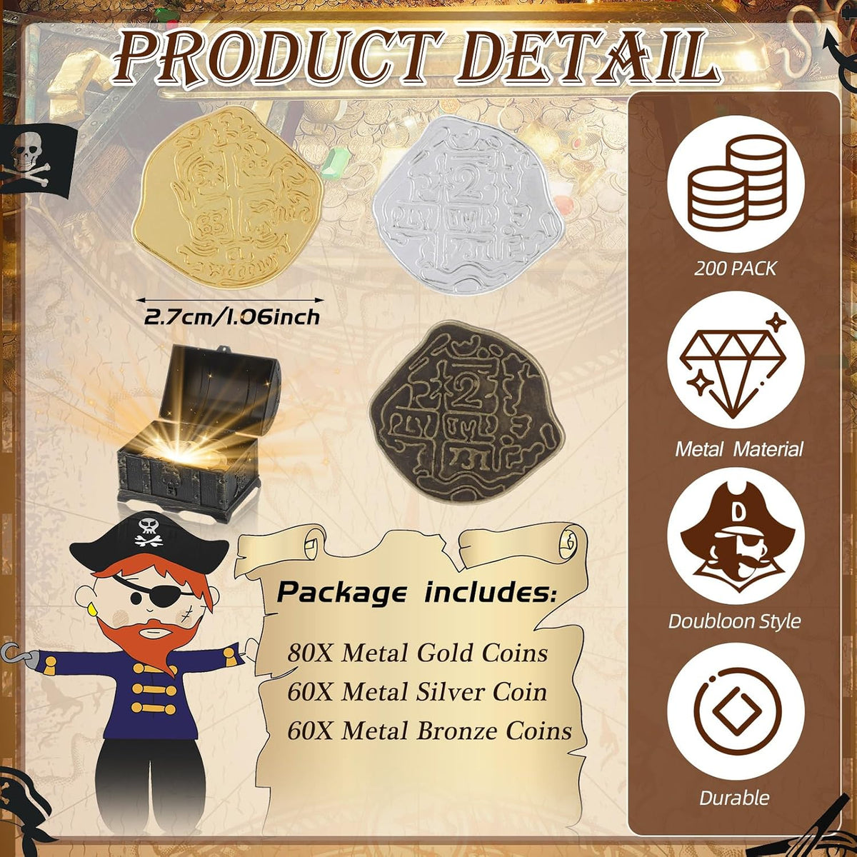Hanaive 200 metal pirate coins in gold zinc alloy with retro pirate design - view 6