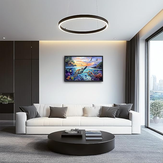 Framed Large Sea Turtle Wall Art for Living Room, Oversized Ocean Turtle Wall Decor Seascape Underwater Marine Life Canvas Painting Home Decoration for Living Room Bedroom Office 36"x24"
