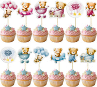 Gyufise 36Pcs Baby Shower Bear Cupcake Toppers Moon Baby Bear Baby - Blue Pink Coffee