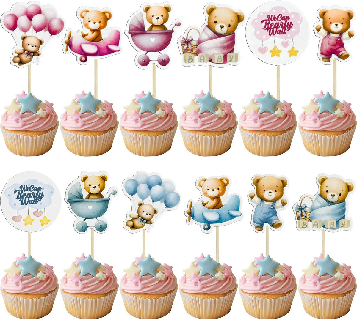 Gyufise 36Pcs Baby Shower Bear Cupcake Toppers Moon Baby Bear Baby - Blue Pink Coffee