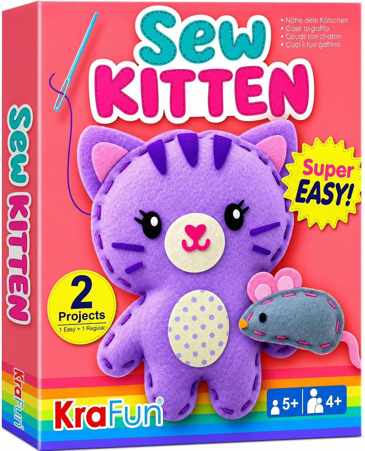 KRAFUN Beginner Sewing Kit, Sew Kitten & Mouse, Pre-Cut Felt - Kitten
