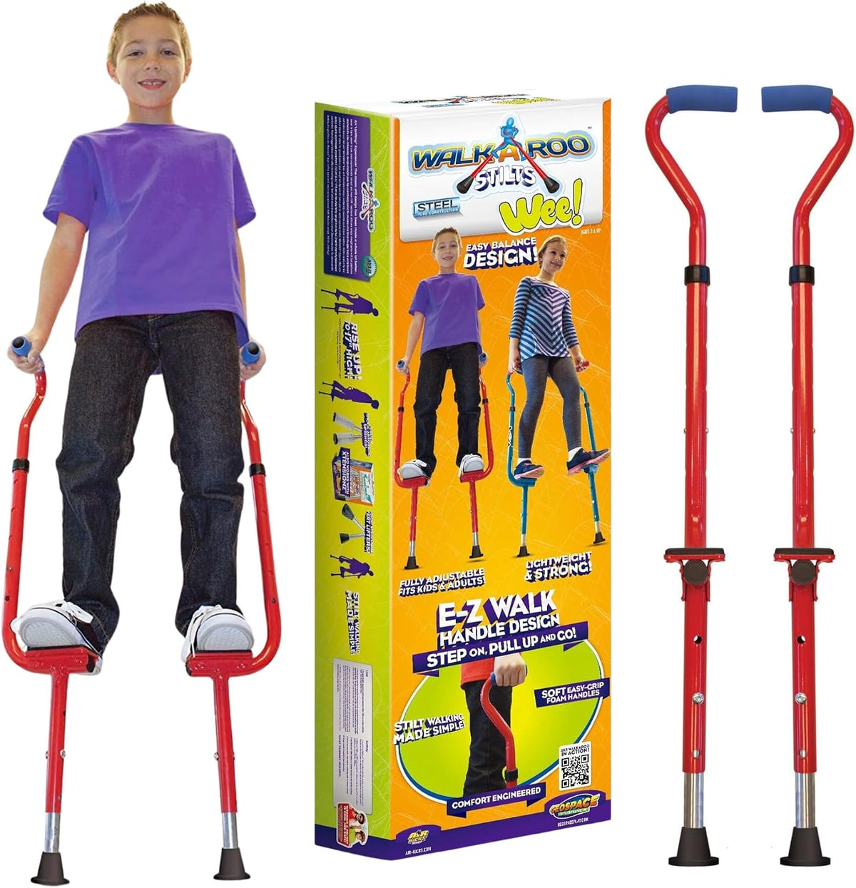 Geospace Walkaroo Wee red adjustable steel balance stilts for kids with padded underarm foam