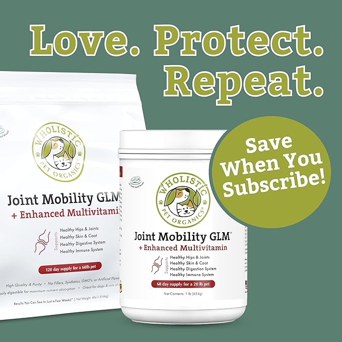 Wholistic Pet Organics Joint Supplement: Joint Mobility with Green Lipped Mussel Daily Joint Health Supplements for Dogs - Dog Glucosamine Powder with MSM, Probiotics, Vitamins, Minerals - 4 Lb
