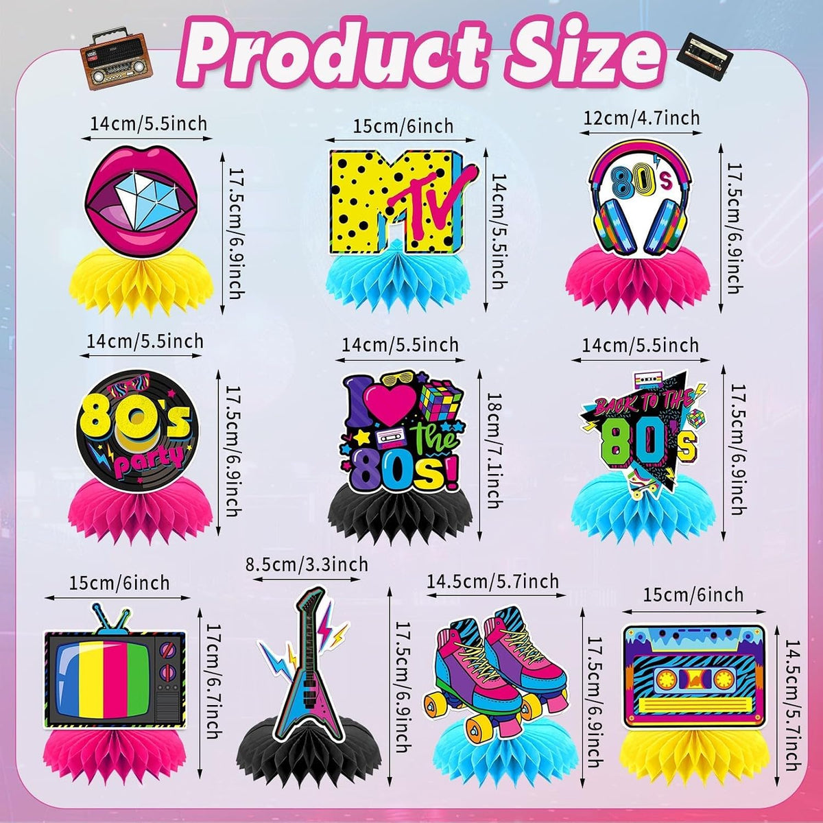 10 Pcs 80s Party Decorations, 1980s Table Honeycomb Centerpieces – Fun for Kids & Family - 80s Retro Style - image 2