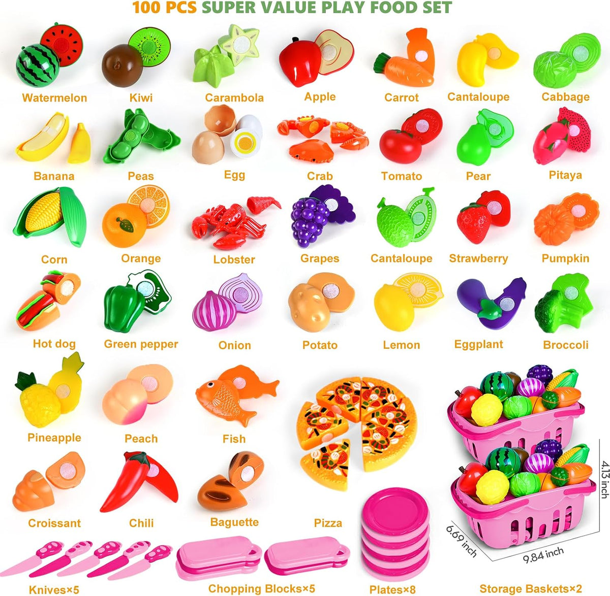 100 Pcs Play Food Set for Kids Kitchen - Pink - image 2