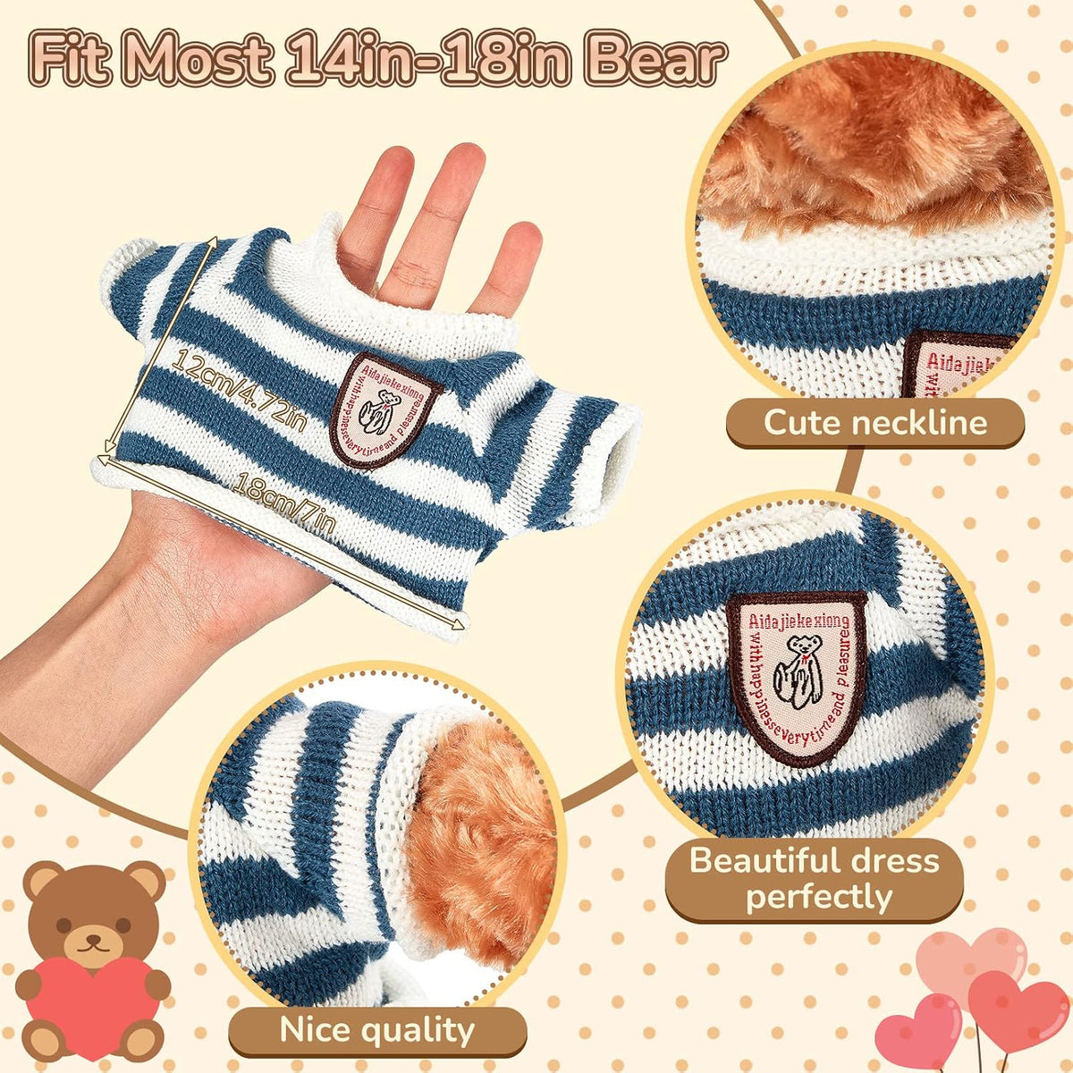 Sratte set of 8 stuffed bear sweater outfits with hearts and stripes in bright colors - view 2