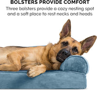 Furhaven Cooling Gel Dog Bed for Medium/Small Dogs w/ Removable Bolsters & Washable Cover, For Dogs Up to 35 lbs - Faux Fur & Velvet Sofa - Harbor Blue, Medium