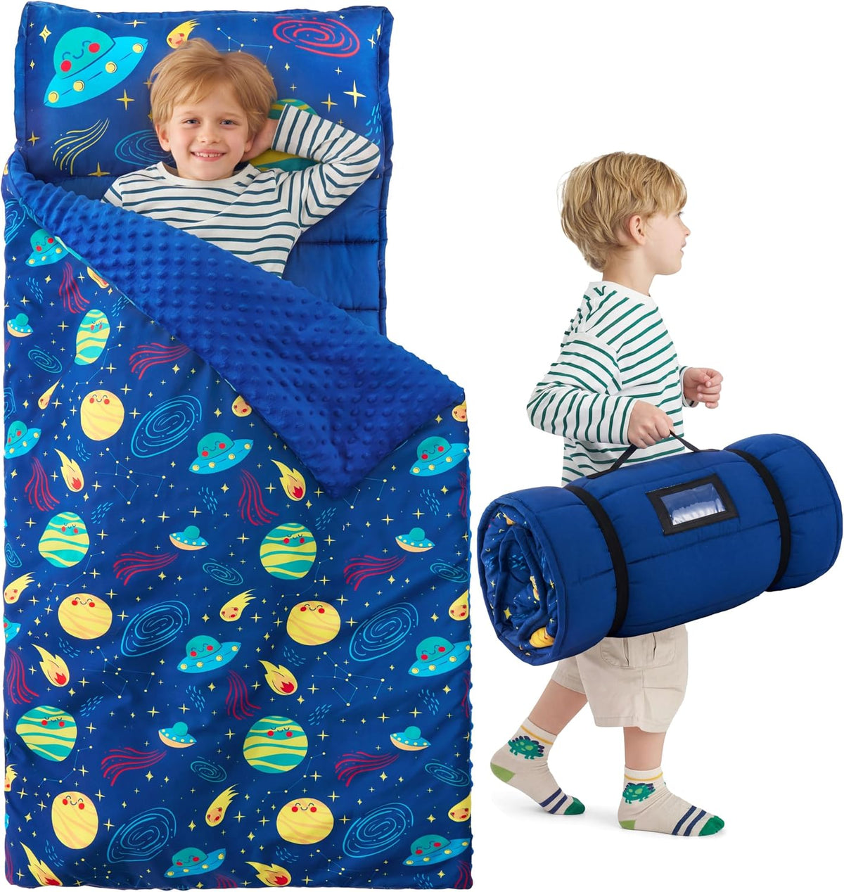 JOIEDOMI Toddler Nap Mat with Removable Pillow and Minky Blanket - Deep Blue Universe