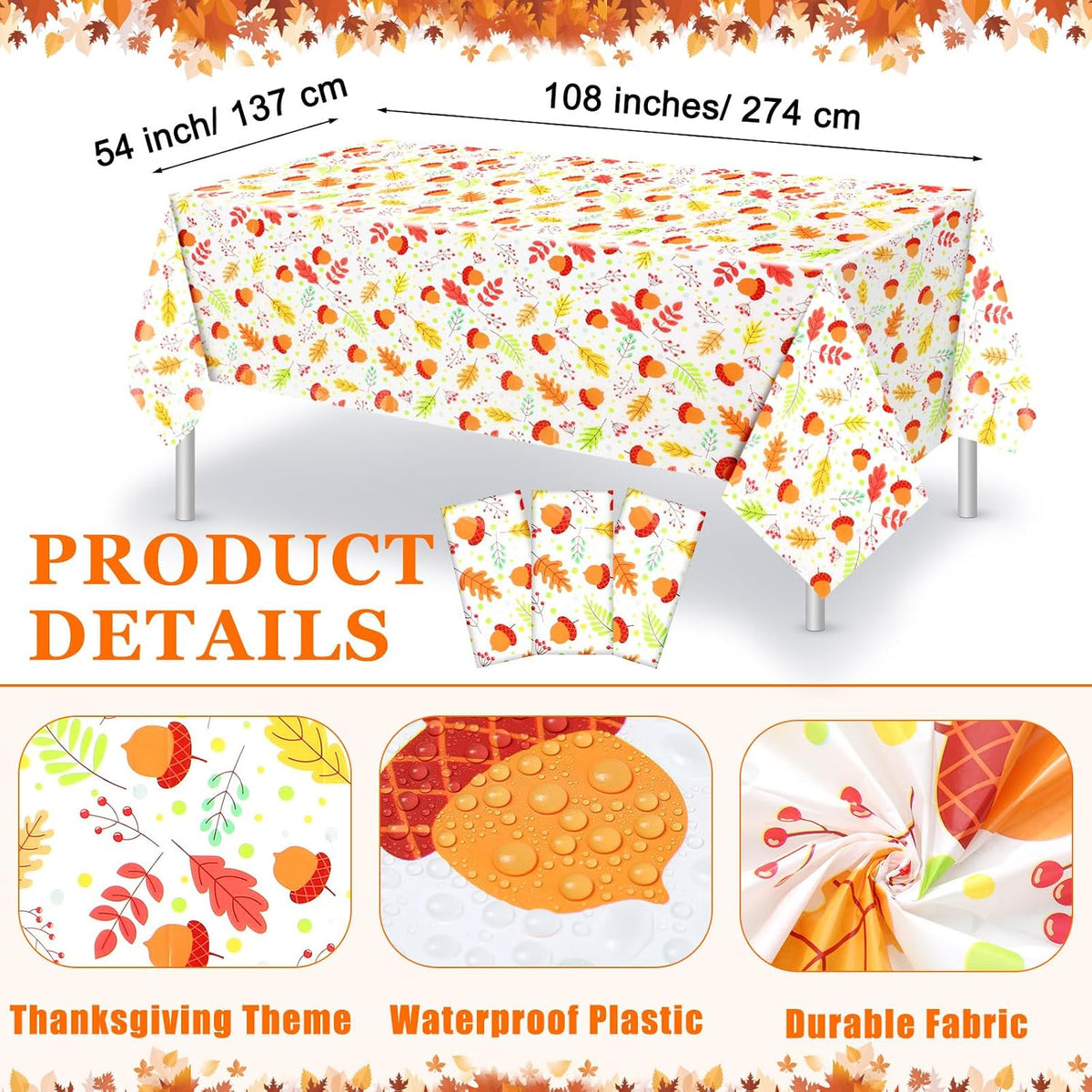 Newwiee 3 pack Halloween plastic tablecloths with candy corn print, 108 x 54 inches - view 35