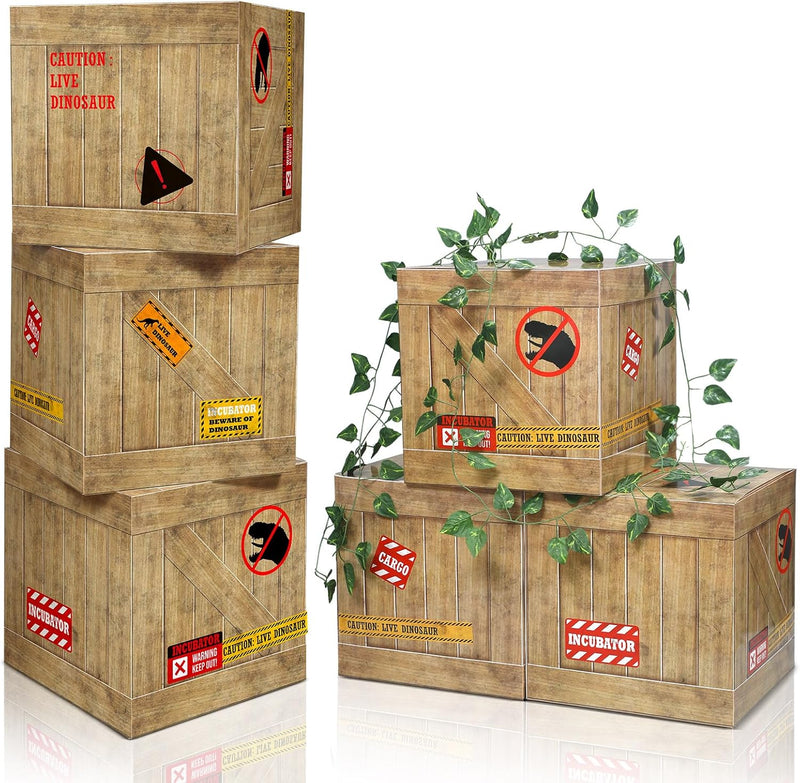 Bucherry 6 light brown dinosaur party decoration boxes with crate print and caution signs