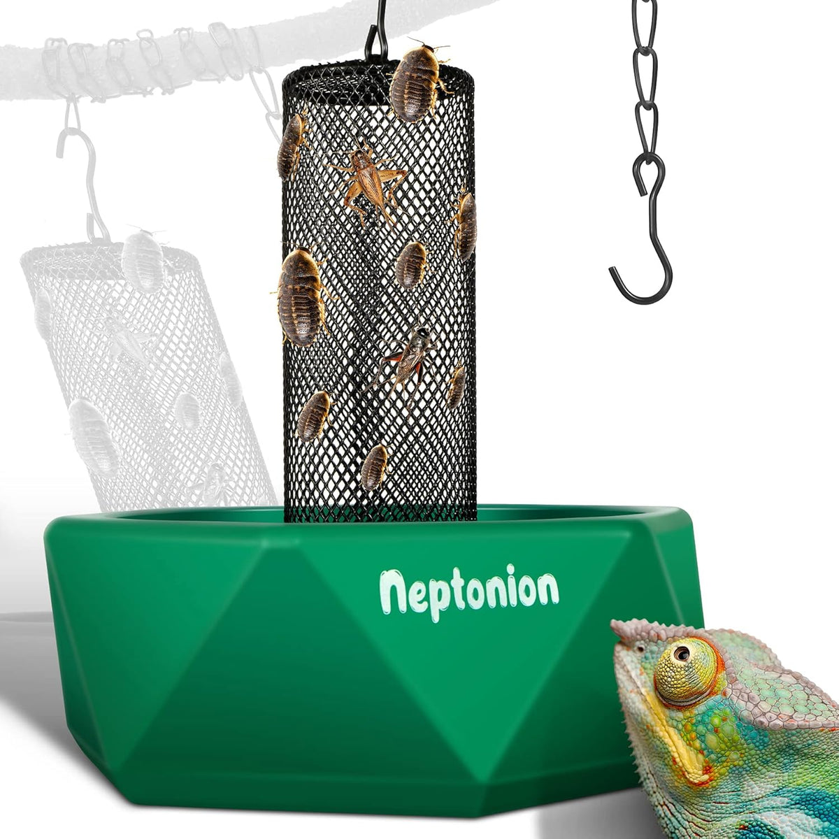 Hookable chameleon feeding bowl with mesh, hanging chain and tongs