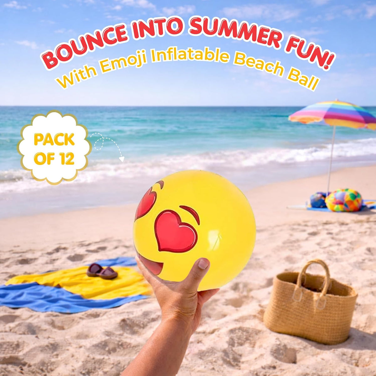 12-Pack 12“ Beach Balls - Bulk Classic Beachball Inflatable Swimming Pool Toys for Games Adults - Emoticon - image 2
