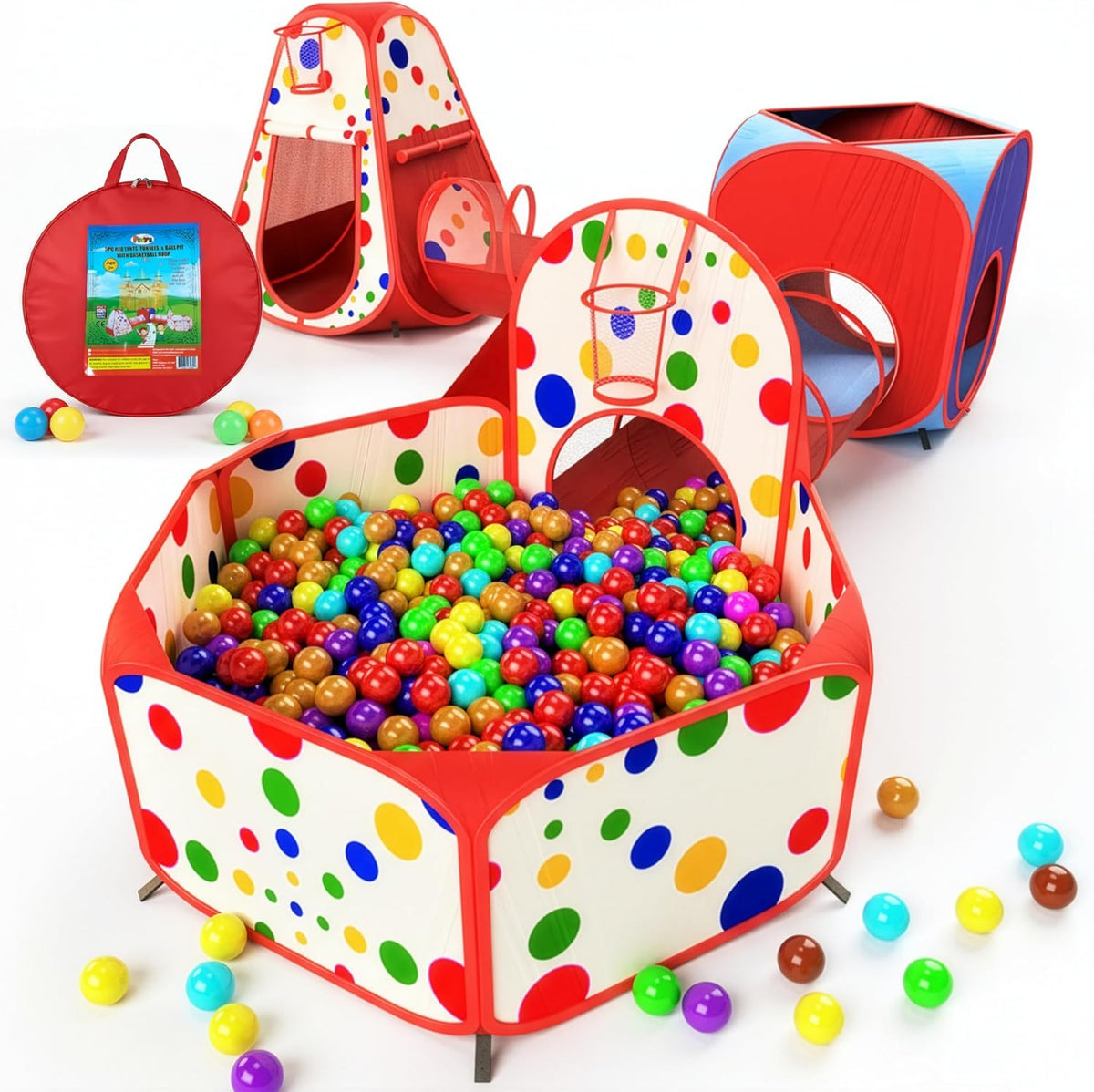 Playz 5pc Pop Up Play Tent and Crawl Through Tunnels for Kids w/Carry - Red