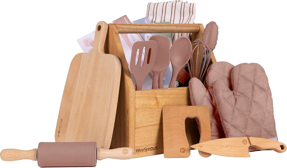 WeeSprout kids baking set in green with apron, oven mitts, rolling pin and cookie cutters - view 2