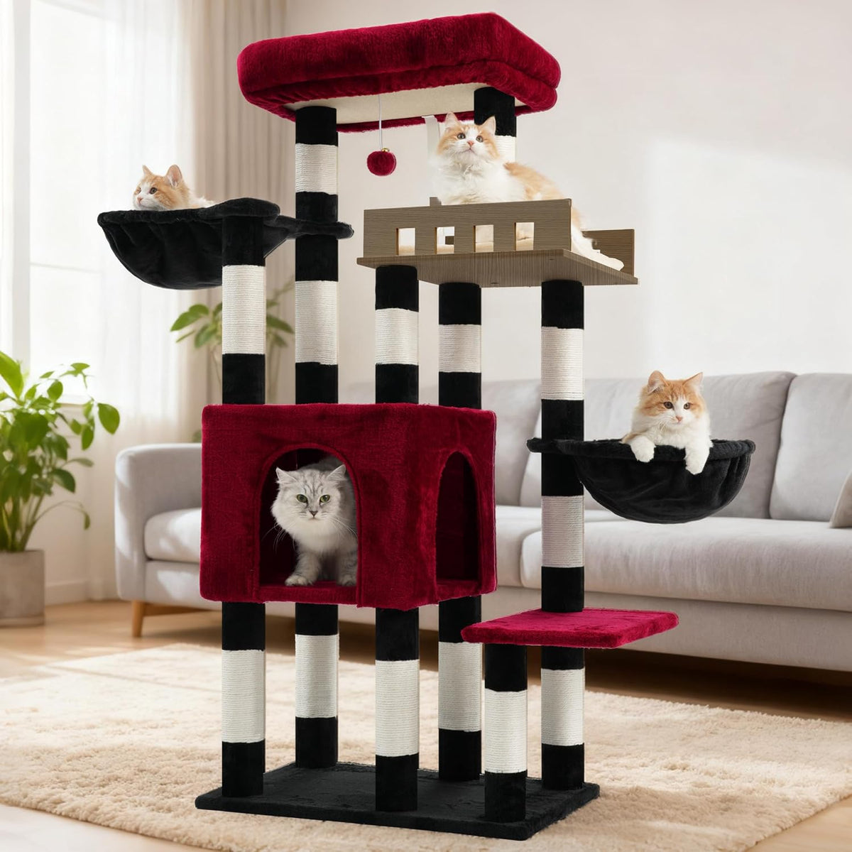 Maine Coon Cat Tree, Heavy Duty Cat Tower for 20 lbs+, GCT033G – Essentials for Cats - 52 inches / Black and red
