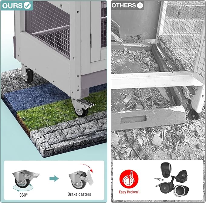 2-Tier Indoor Rabbit Hutch Bunny House Guinea Pig Cage with Sliding Plastic Trays, Wheels & Ramp, 47.2" Multi-Door Wooden Small Animal Cage for Rabbits, Bunnies, and Guinea Pigs (Grey)