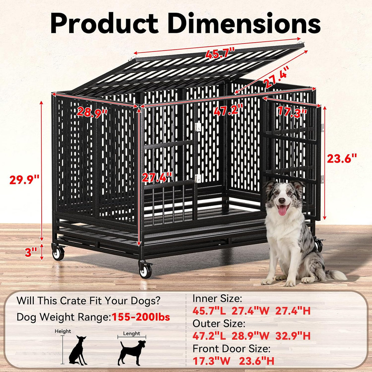 48 Inch Heavy Duty Dog Crate with Wheels - 47.2"L x 28.9"W x 30.9"H - image 2