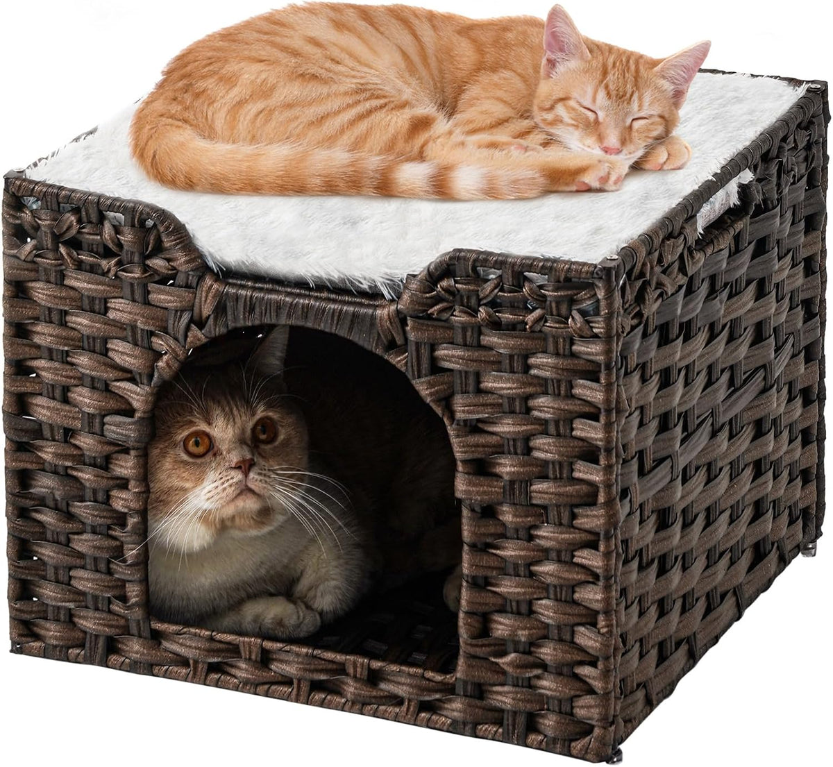 Cat Beds Indoor Kitten House, PE Rattan Cat Cave - Brown / Rectangle-M