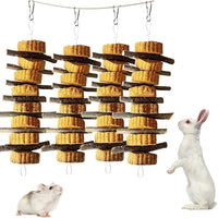 kathson Natural Small Animal Chew Toys for Teeth,4 PCS Rabbit Hanging Chewing Treats with Natural Organic Apple Stick Timothy Grass Carrot Cake for Hamsters Squirrel Guinea Pig Rabbits