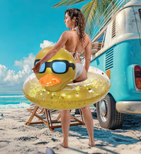 POZA inflatable duck pool float tube with gold confetti, sunglasses and orange beak - view 30