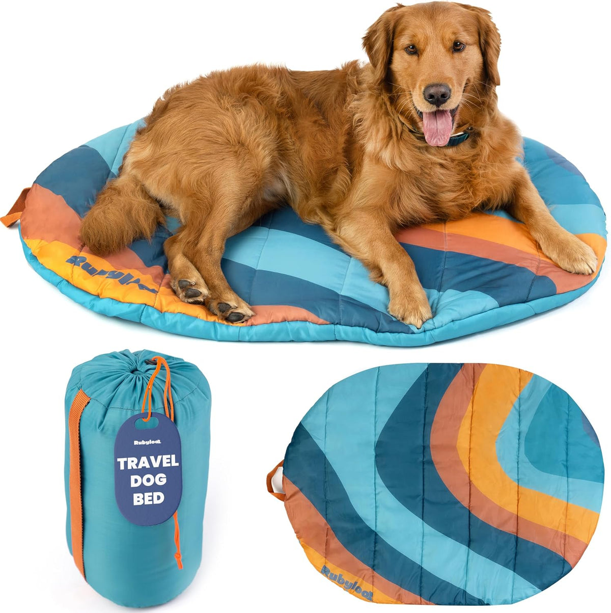 Travel Dog Bed, Foldable & Packable with Carry Bag, Black - Sunset Surf / Medium