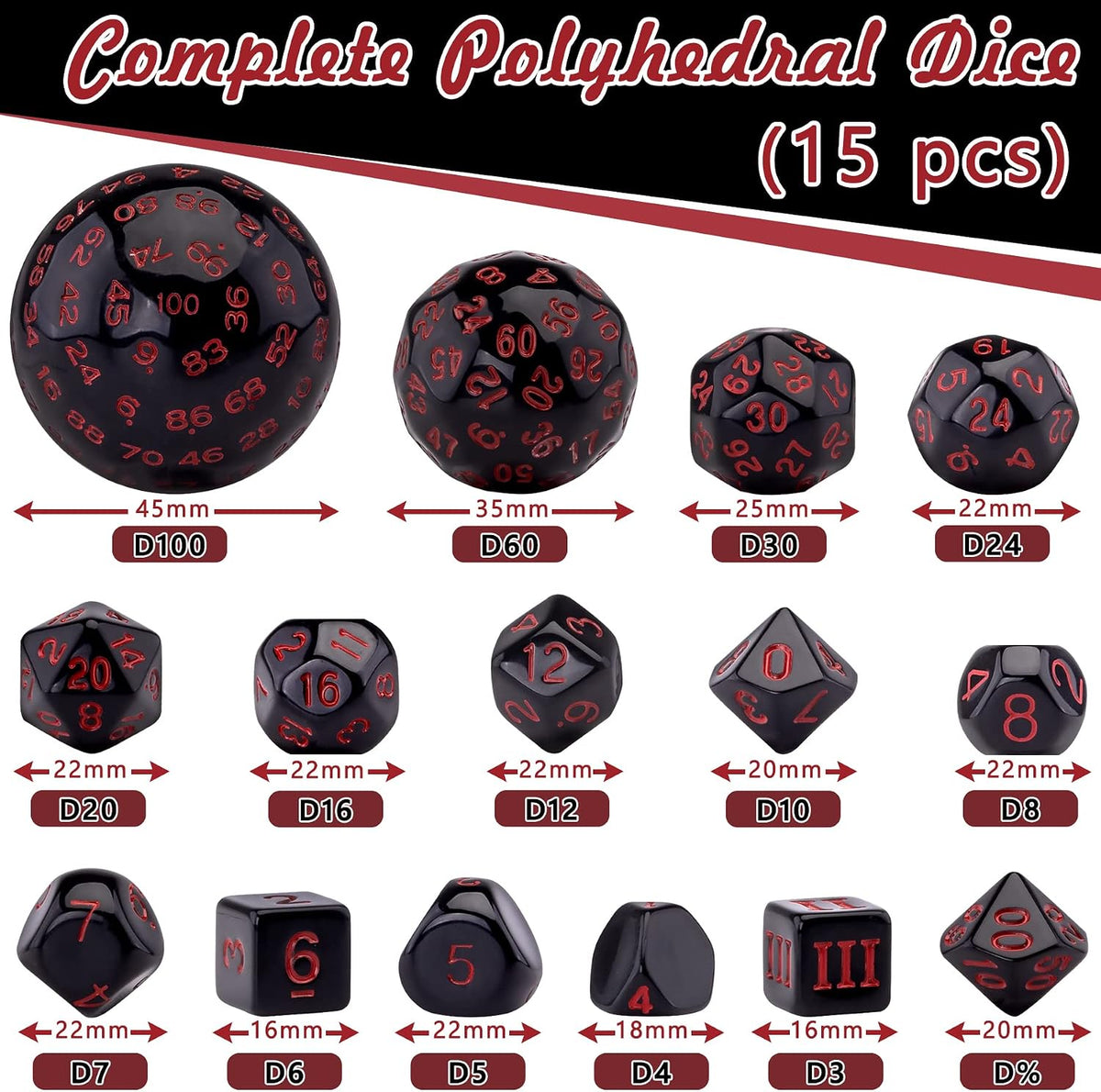AUSTOR 15 Pieces Complete Polyhedral Dice Set D3-D100 Game Dice Set – Fun for Kids & Family - Black & Red - image 2