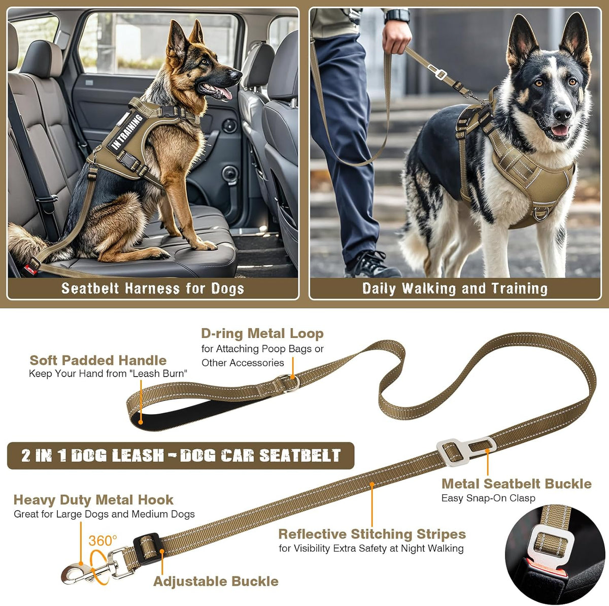 Tactical Dog Harness and Leash Set with 10 Patches for Large Dogs – Essentials for Dogs - X-Large / Brown - image 4