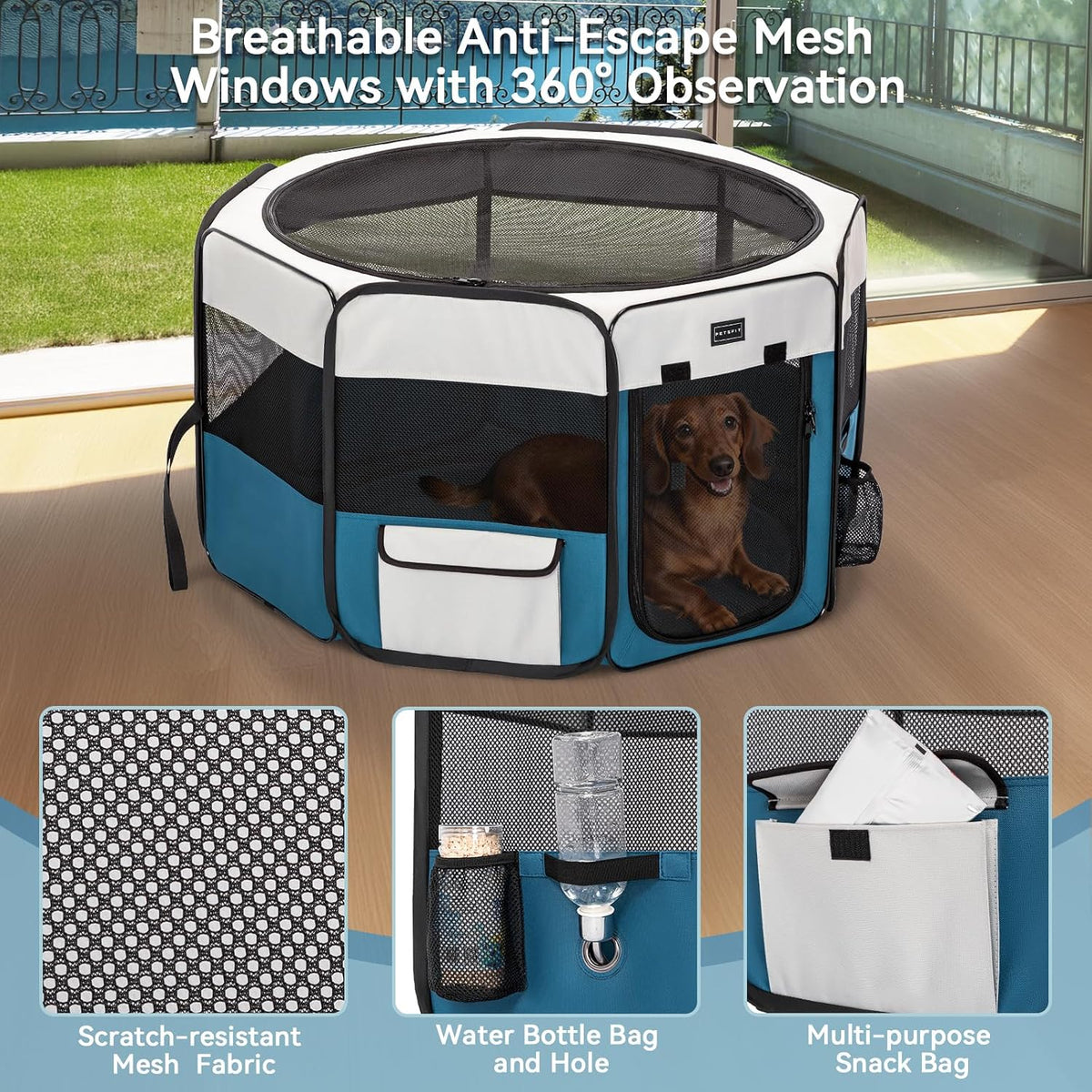 PETSFIT Portable Dog Playpen 36", Removable Waterproof Mat - Blue / Medium (36"x36"x21") - image 4