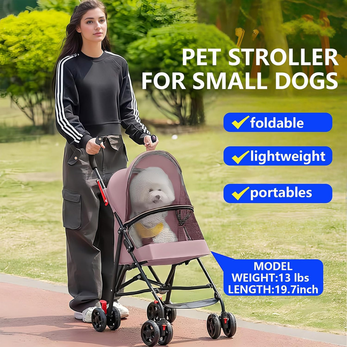 Cat Stroller Foldable Lightweight for Small Dogs Cats 0-15 lbs Pink – Essentials for Dogs - pink - image 3