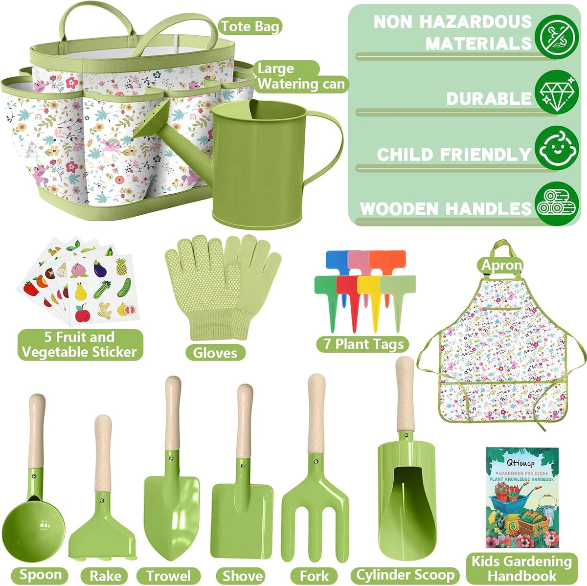 Qtioucp Kids Gardening Set 14Pcs Garden Tools with Tote Bag - Green-1 - image 2