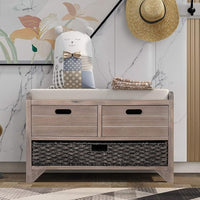 Storage Bench Removable Basket 2 Drawers Fully Assembled Acacia Wood Shoe Bench Standing Shoe Rack Removable Cushion for Living Room, Entrance Hallway, No Assembly Required White Washed