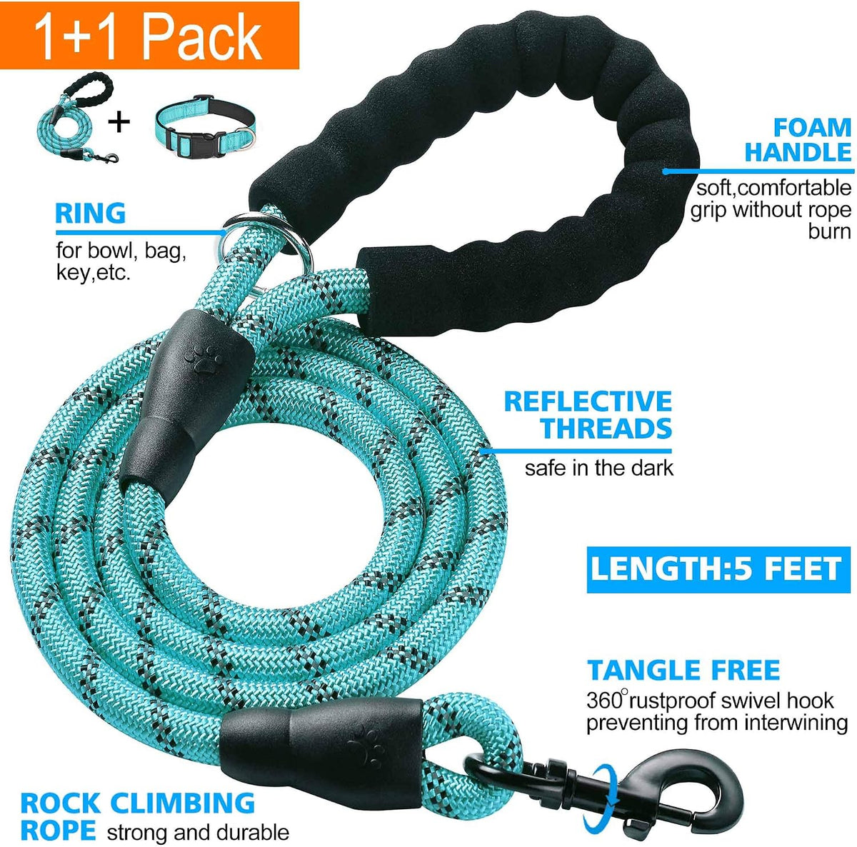 Ladoogo Reflective Dog Collar Padded with Soft Neoprene - Turquoise / Medium - image 2