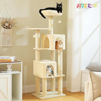Cat Tree for Indoor Cats, Multi-Level Cat Tower with Sisal Scratching Posts, Padded Platform, Multi-Level Cat Condo w/Soft Bed & Scratching Pad, 2 Pompoms, Sturdy Base, Beige