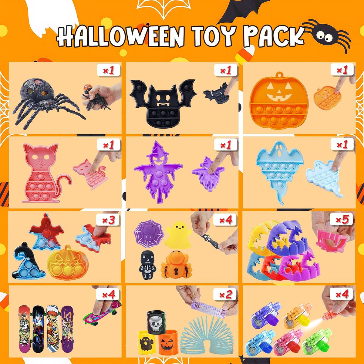 DKZ 650 piece Halloween party favors with fidget poppers, squishies, cars and stickers - view 2