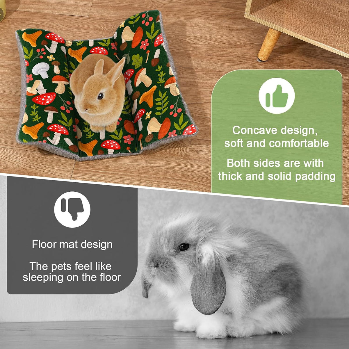 15"x14" Soft Plush Rabbit Bed Washable Cuddle Mat for Small Pets – Daily Care for Small Pets - Green Mushrooms / Large - image 3
