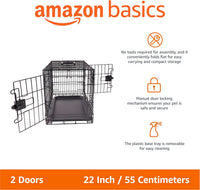 Amazon Basics Portable, Foldable Metal Wire Small Dog Crate with Removable Tray, Divider Panel - 22.0"L x 13.0"W x 16.0"H / Double Door w/ Divider - image 2