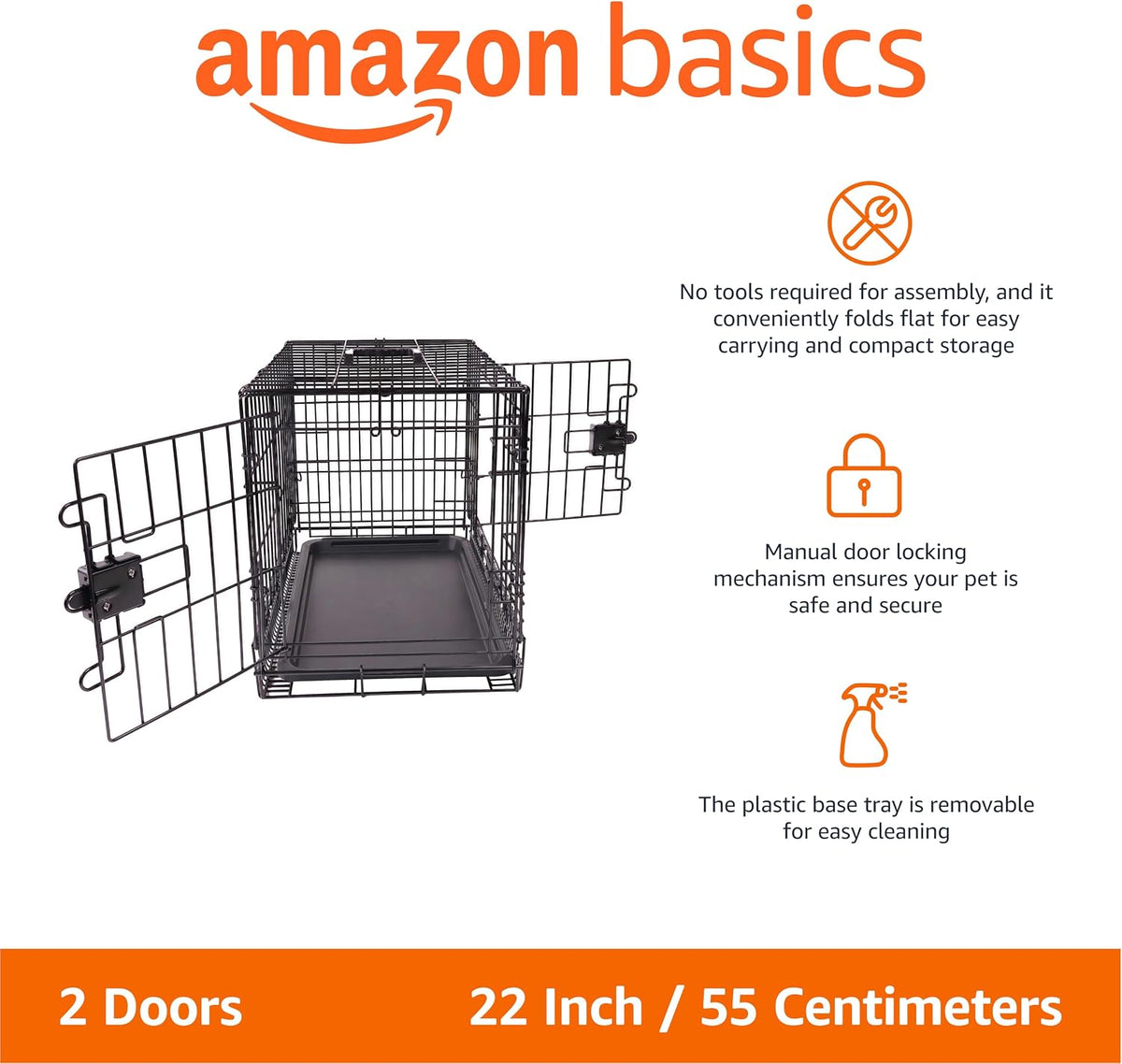 Amazon Basics Portable, Foldable Metal Wire Small Dog Crate with Removable Tray, Divider Panel - 22.0"L x 13.0"W x 16.0"H / Double Door w/ Divider - image 2