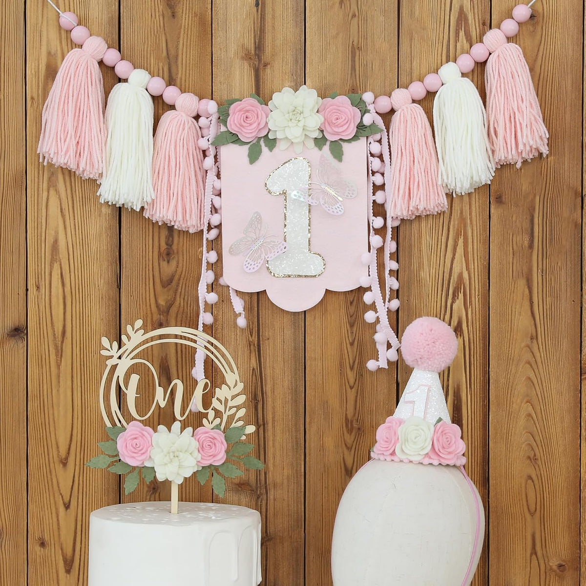First Birthday Decorations for Boy Blue One Year Old High Chair - Pink White - image 2