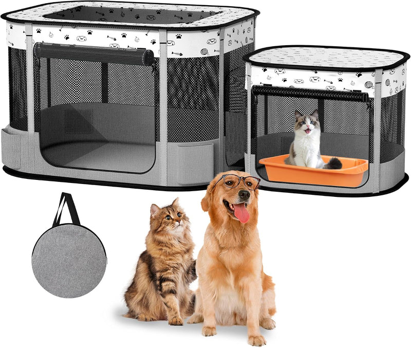 Cat Playpen, Portable Pet Dog Playpen - Grey / 32" × 24" × 22"