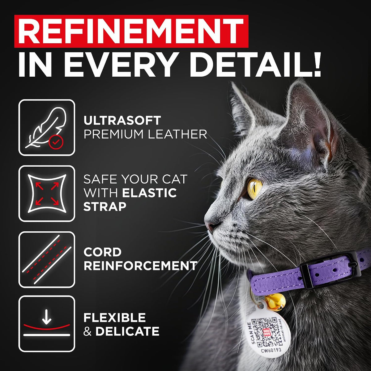 WAUDOG Leather Cat Collar with Bell Elastic Strap Stretchy Kitten - Purple / 6.5" - 8" Without Holder - image 2
