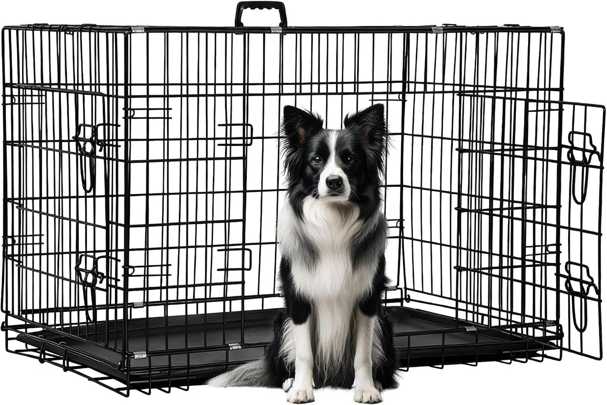 FDW, 48" Foldable Metal Dog Crate, Cage for XL Dogs - Dark Black / 42 Inch Double Door